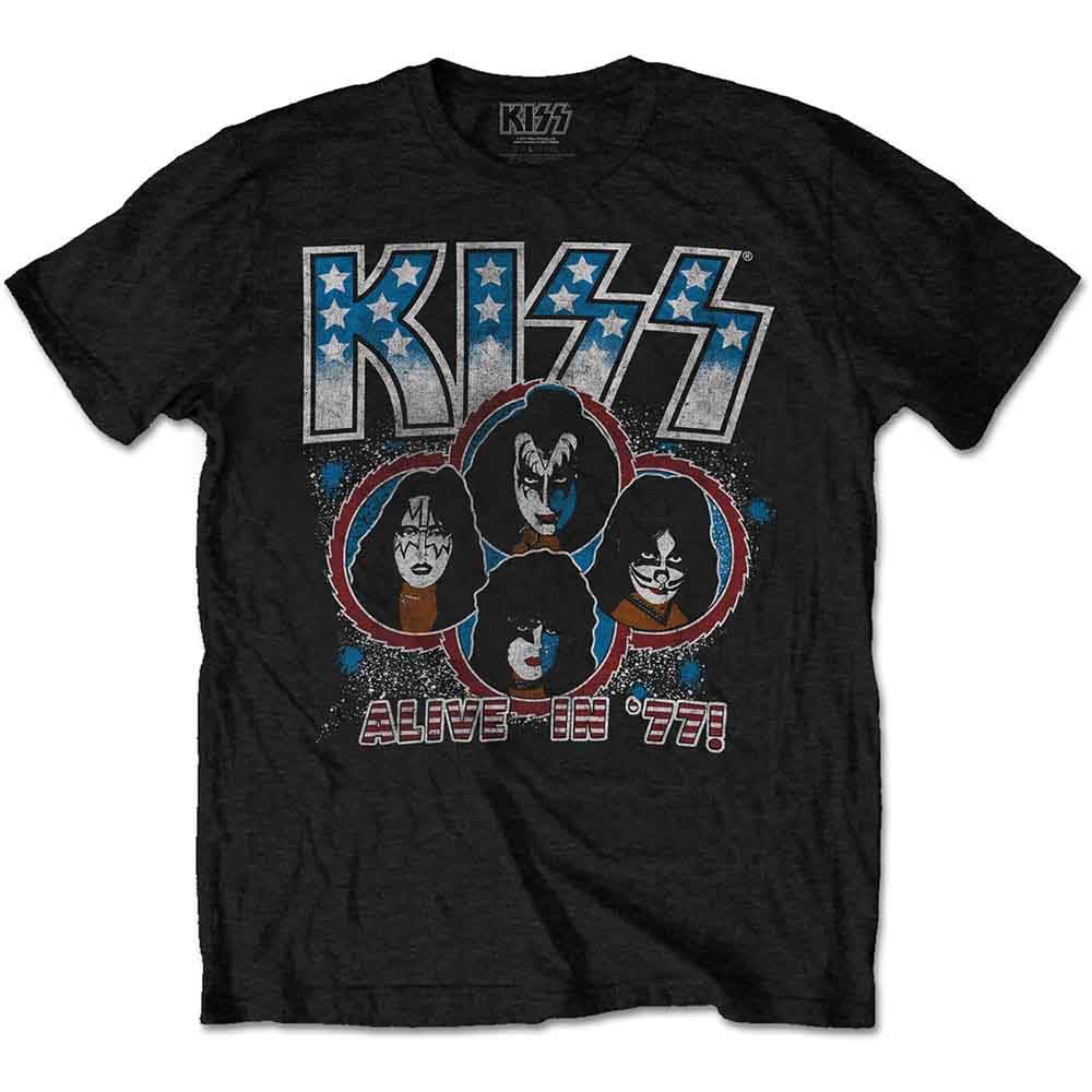 KISS T Shirt Alive in '77 Band Logo Official Mens Black M