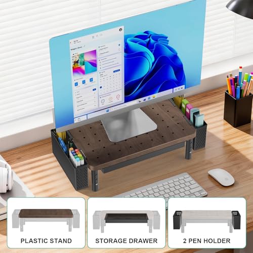 Image of WALI Plastic Computer Monitor Stand with Storage, Desk Organizer with Drawer and Pen Holder, Desk Monitor Riser 3 Height Adjustable, Laptop Riser for Computer, Laptop, Printer(PTT003-C), 1 Pack, Brown
