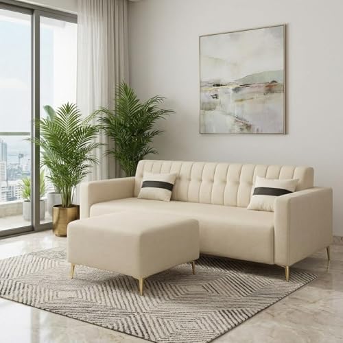 Image of SOCOZI Anton 4 Seater L Shape Sofa Set with Movable Ottoman | Flexible Left or Right Layout | Premium Leatherette with Golden Metal Legs |Sofa for Living Room (Cream Leatherette)