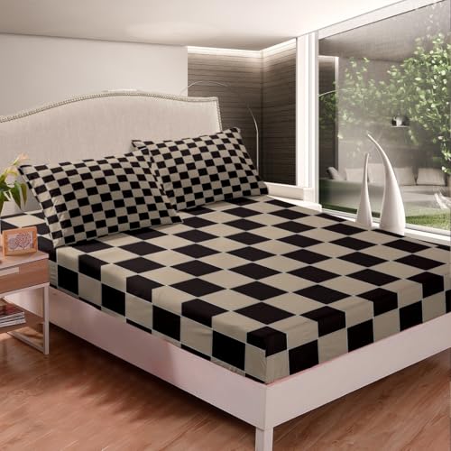 Image of Erosebridal Geometric Plaid Bed Sheets Queen Beige Black Brown Checkerboard Bedding Checkered Grid Sheet Set for Kids Boys Men,Modern Aesthetic 1 Fitted Sheet 1 Flat Sheet 2 Pillow Cases