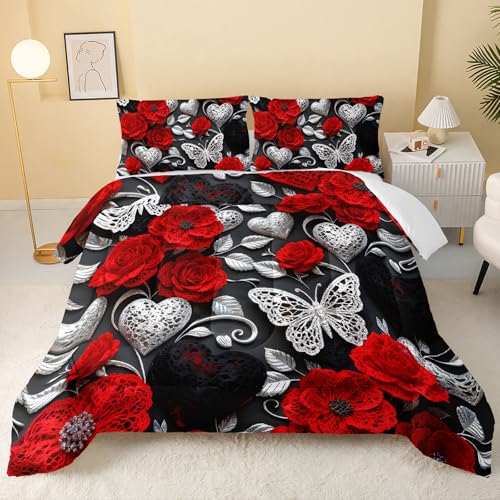 Image of QOOMO Red Flowers Kids Bedding Set,Cartoon Plants Comforter Set Full Size for Boys Girls Teen Room Decorat,Soft Lightweight Bed Set All Season,1 Comforter 2 Pillowcases