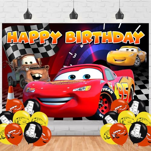 Image of Cartoon Car Birthday Decorations,Anime Backdrops for Party Decorations Supplies,Cartoon Car Happy Birthday Banner Backdrop for Party Supplies (5x3ft)