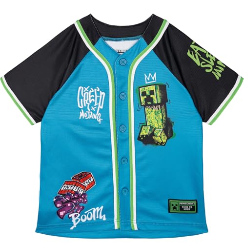 Minecraft Creeper Little Boys Mesh Baseball Jersey Athletic V-Neck Raglan Button Down Shirt Teal Blue/Black 6