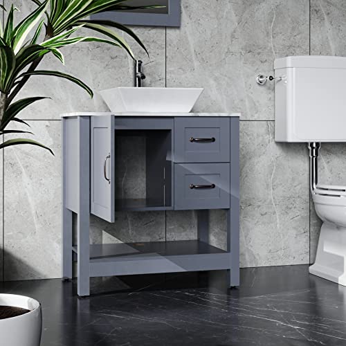 30" Gray Bathroom Vanity and Sink Combo Marble Pattern Top w/Mirror Faucet&Drain…