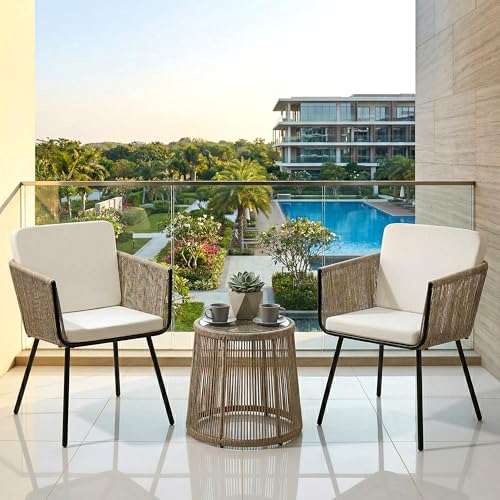 Image of BRISHI Garden Patio Seating Chair and Table Set Outdoor Balcony Garden Coffee Table Set Furniture with 1 Table and 2 Chairs Set Braid & Rope (Beige), 58 cm, 64 cm