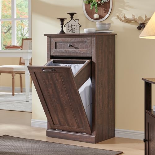 Image of IFBUY Tilt Out Laundry Hamper Cabinet, Trash Can Cabinet, Brown
