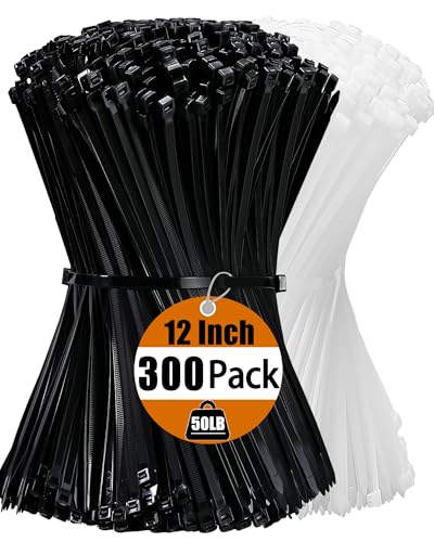 Zip Ties 12 Inch Cable Ties 300 Pack Cable Zip Ties Black+ Clear Tie Wraps with 50 Pounds Tensile...