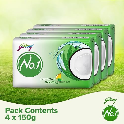 Image of Godrej No. 1 Bathing Soap Coconut & Neem - Grade 1 Soap & Long-lasting Fragrance, Combo Pack of 4 (150g each)