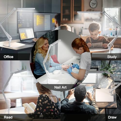 Image of TROPICALTREE LED Desk Lamp with Clamp and Round Base,Eye Caring Table Lamp with Swing Arm,3 Color Modes 10 Brightness Levels,Memory Function,Desk Light for Home Office with USB Adapter White-14W