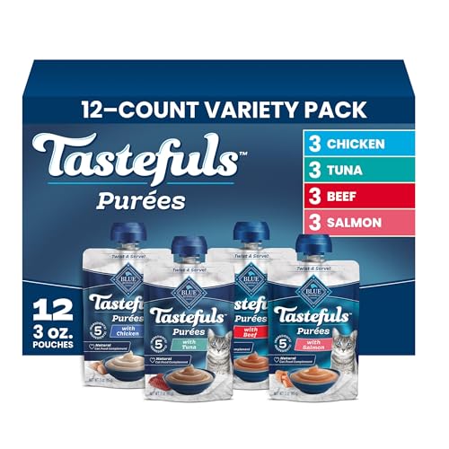 Blue Buffalo Tastefuls Purées Variety Pack Wet Cat Food Complement (Salmon, Chicken, Tuna, Beef)...