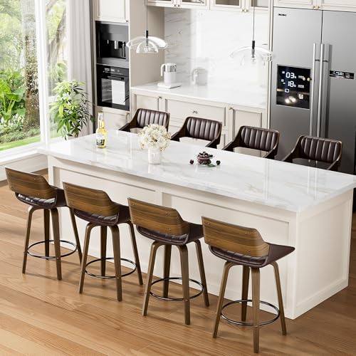 Image of YaFiti Bar Stools Set of 4, 26 inch Swivel Counter Height Barstools with Bentwood Back and Legs, Mid Century Modern Upholstered Faux Leather Counter Stools for Kitchen Island, Bar, Dining Room, Brown