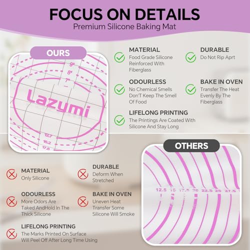 Lazymi Extra Große Backmatte Silikon: Antihafte Teigmatte 91x61cm - Rutschfeste Backunterlage Ausrollmatte für Teig - Teigunterlage mit Messung Silikonbackmatte für Fondant/Pizza/Brot Backen , Violett