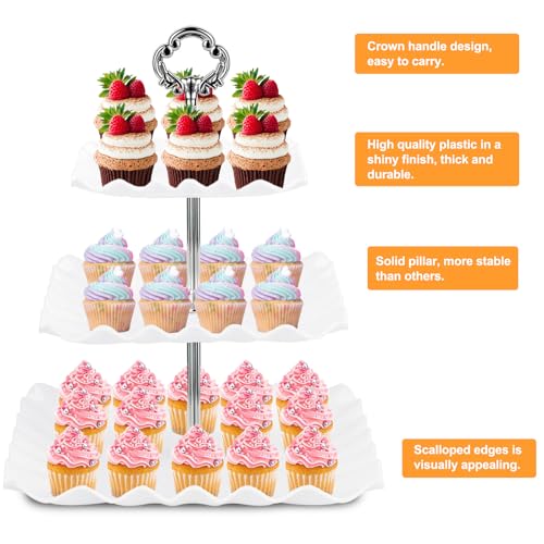 Cake Stand 3 Tier - 2 Pack Afternoon Tea Stand, 34cm Plastic Reusable Tiered Cupcake Display Stand, Large Square 3-Tier Dessert Holding Tower for Birthday Wedding Party Food Serving Platter, White - Cosy Home Interiors Cake Stand 3 Tier - 2 Pack Afternoon Tea Stand, 34cm Plastic Reusable Tiered Cupcake Display Stand, Large Square 3-Tier Dessert Holding Tower for Birthday Wedding Party Food Serving Platter, White - Image 3
