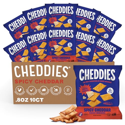 Cheddies Crackers | Healthy Snacks Made with Real Cheddar Cheese and Simple Ingredients | Non-GMO | High Protein | Pre-Portioned Snacks for On The Go | Spicy Cheddar Flavor | 0.8 Ounce (Pack of 10)