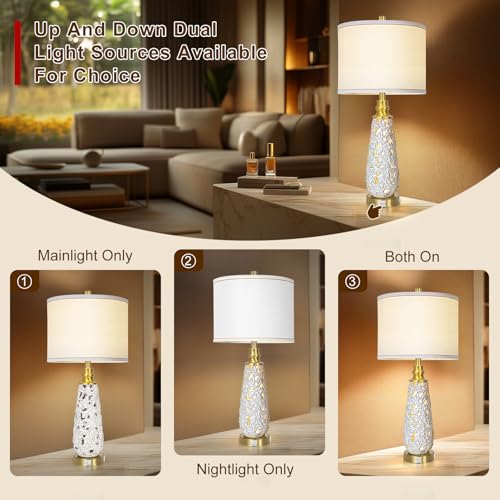 29" Ceramic Table Lamps Set of 2 with Night Light - Lamps for Nightstand,Bedside Lamps with USB Ports,Nightstand Lamps,Modern Table Lamps with White Linen Shade for Living Room,Bedroom(Bulb Included) - Image 4