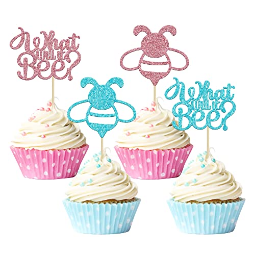 Gyufise 24Pcs Boy or Girl Cupcake Toppers What Will It Bee Blue Pink Bee Cupcake Picks for Gender Reveal Baby Shower Kids Birthday Party Cake Decoratiosn Supplies