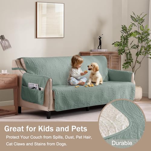Image of Sage Blue Loveseat Covers for 2 Cushion Couch, Water Repellent Slip Covers for Sofa, Washable Love Seat Quilted Couch Covers, Pet Friendly Loveseat Slipcovers (Loveseat 48 inch, Sage Blue)
