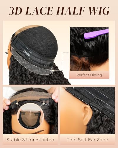 Image of Arabella Upgraded Half Wig Glueless Invisible Lace Hairline 3 in 1 Deep Curly Human Hair Wear & Go Wig 3D Cap HD Lace Seamless Blend Adjustable Drawstring Cap Beginner Friendly 20 Inch Natural Black