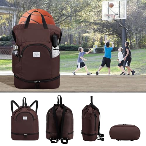 Image of Kamo Drawstring Backpack Bag - Sport Swimming Yoga Backpack with Shoe Compartment, Two Water Bottle Holder for Men Women Large String Backpack Athletic Sackpack for Travel