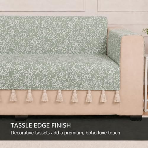 Image of STITCHNEST 'Verdant Phool Stories' 1 Seater Sofa Cover | Full Coverage with Armrest Pockets | Elegant Jacquard Fabric, Decorative Tassels, Washable & Durable for Modern Living