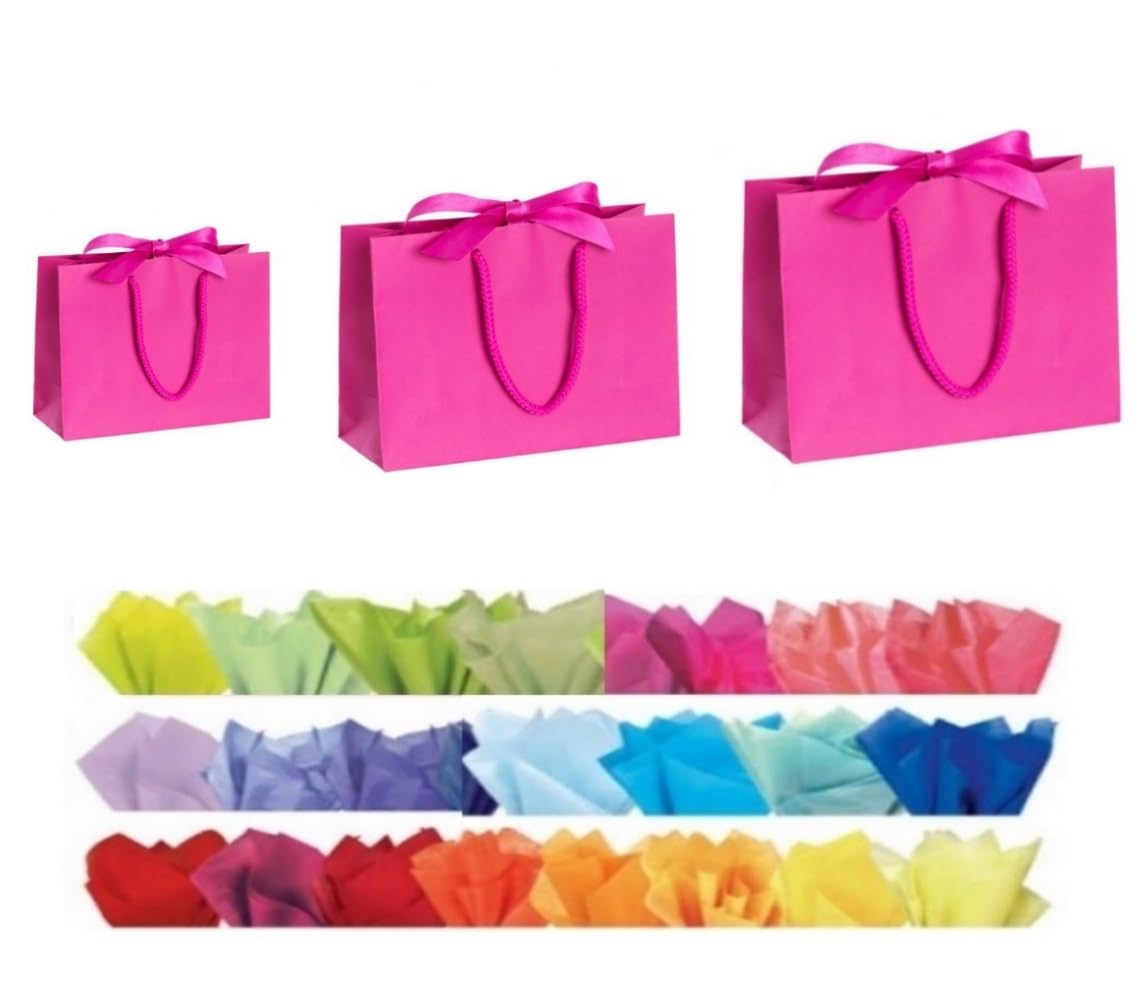 mbb Hot Pink Boutique Luxury Shop Gift Bags & Tissue - Bridesmaid/Mothers Day Bag With Ribbon Tie - 3 SIZES (10 Bags, Hot Pink Small)