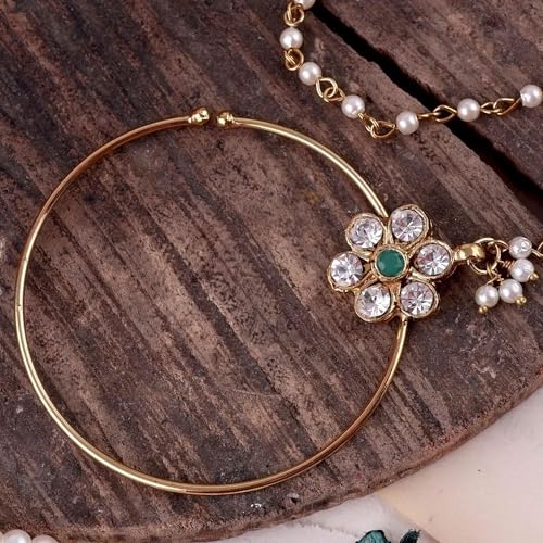 Image of Suhana Goldon Plated Traditional Ethnic Bridal Nose Ring /Nath without piercing with Pearl Chain Encased with Stone for Women /Girls (Nose Ring Diameter - 5)