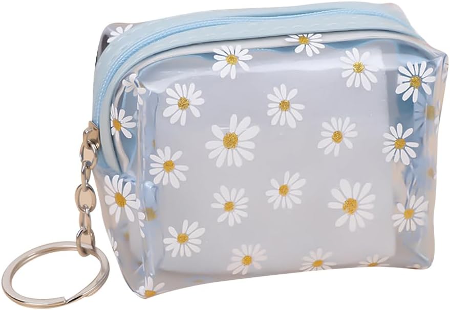 Daisy Coin Purse Wallet Clear Change Pouch Bag Small Flower Makeup Bag Cute Floral Cosmetic Bag Waterproof Sanitary Napkin Storage Bag Transparent Credit Card Holder with Key Ring Purple