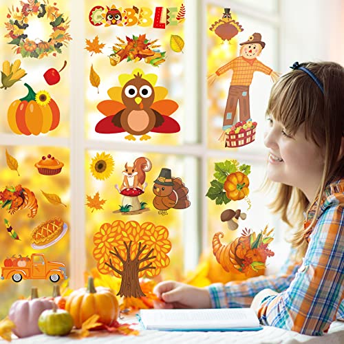 Thanksgiving Fall Window Clings Decorations, 10 Sheets Thanksgiving Window Stickers for Kids Home Office Classroom Party Glass Windows Double Sided Turkey Autumn Pumpkin Fall Leaves Window Decal - image 5