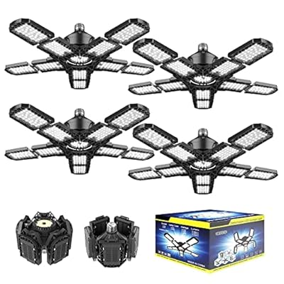 Nexillumi 4-Pack Led Garage Light 180W, 36000LM LED Shop Lights with E26/E27 Medium Base, 6000K Deformable Garage Lights Ceiling LED with 10+1 Adjustable Panels for Garage, Workshop, Attic, Basemen