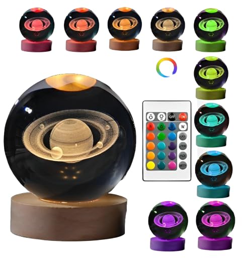 Image of STARKENDY 3D Saturn Crystal Ball LED Night Lamp, Creative Engraved Night Light Wooden Base, Warm White Decorative Table Lamp for Home, Office, Bedroom, Birthday Gift ((Multicolour) with Remote)