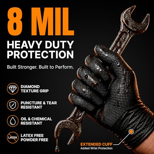 Image of Disposable 5 & 8 Mil Black Nitrile Gloves S-XL - Heavy Duty Latex & Powder-Free - Textured, Chemical-Resistant
