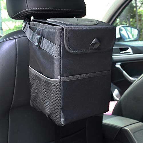 JUSTTOP Waterproof Mini Car Trash Can with Lid and Storage Pockets,Car Trash Bag Hanging Accessories, Multipurpose Car Garbage Bag Can (6L)