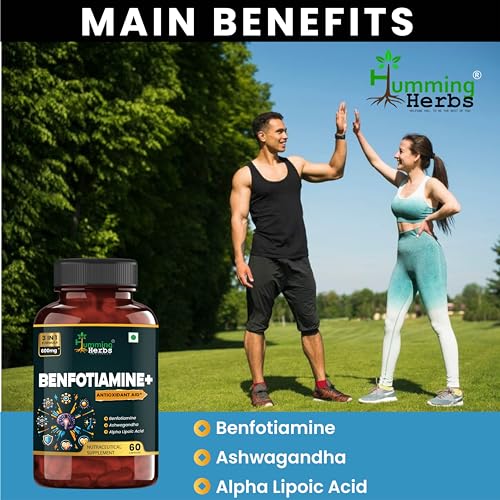 Image of Humming Herbs Benfotiamine+ 600mg with Ashwagandha & Alpha Lipoic Acid - Antioxidant & Energy Support - Promotes Nerve Health & Metabolic Function - Nutraceutical Supplement (60 Caps)