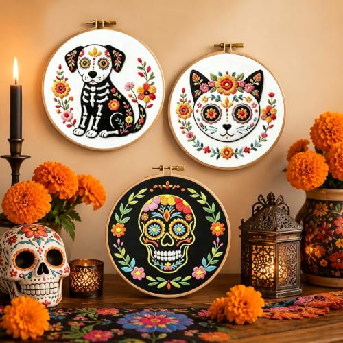 Image of Nuberlic 3 Pack Sugar Skull Embroidery Kit for Beginners, Day of the Dead | Beginner Friendly Embroidery Handmade Gift Pre Printed Patterns Complete Cross Stitch Starter Kit DIY