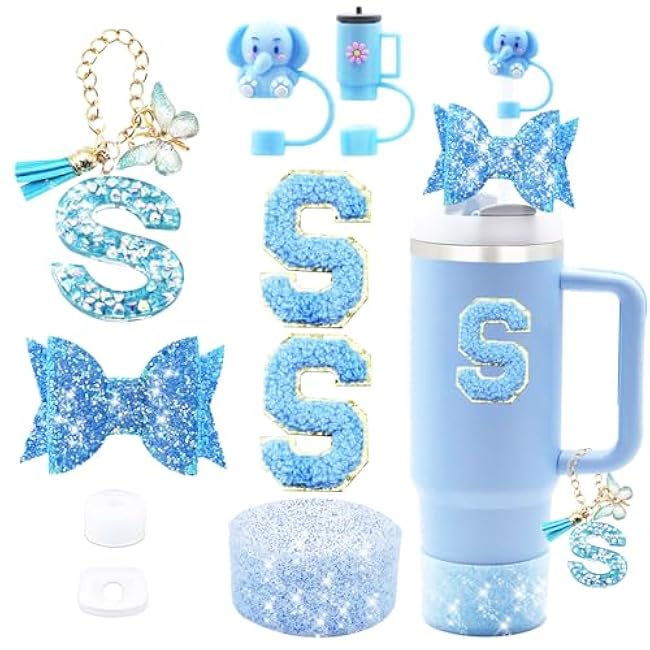 9PCS Cup Accessories Set For Stanley 30oz 40oz,Including 2PCS Stanley Straw Cover and Boot,Spill Proof Stopper,Handle Charm,Bow straw,2PCS Sticker Letter (Letter U)