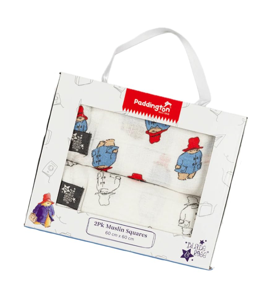 Blade & Rose x Paddington™ Loves to Travel Muslin Squares – Official Licensed Baby Essentials, 2 Pack, Soft 100% Muslin Cotton, Gift Box Included, 60x60cm