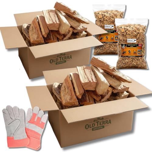 OLD TERRA NATURAL | Kit Leña Premium 10kg para Chimenea, Barbacoa y Horno de Pizza | Troncos seleccionados, Astillas de Frutal y Guantes de Cuero de Calidad
