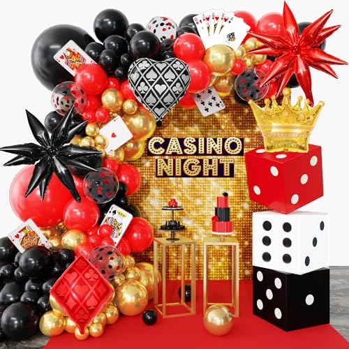 144PCS Casino Theme Party Decorations Dice Boxes, Casino Balloon Arch Garland Kit Black Red Gold Dice Crown Poker Star Foil Balloons for Las Vegas Game Themed Casino Night Birthday Party Supplies