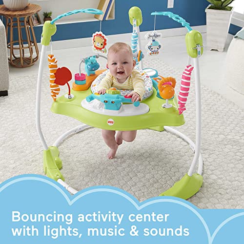 Image of Fisher-Price Baby Bouncer Fitness Fun Folding Jumperoo Activity Center with Lights Music and Gym Themed Toys, Folds for Storage & Deluxe Sit-Me-Up Floor Seat with Toy Tray, Multicolor, 2 Count