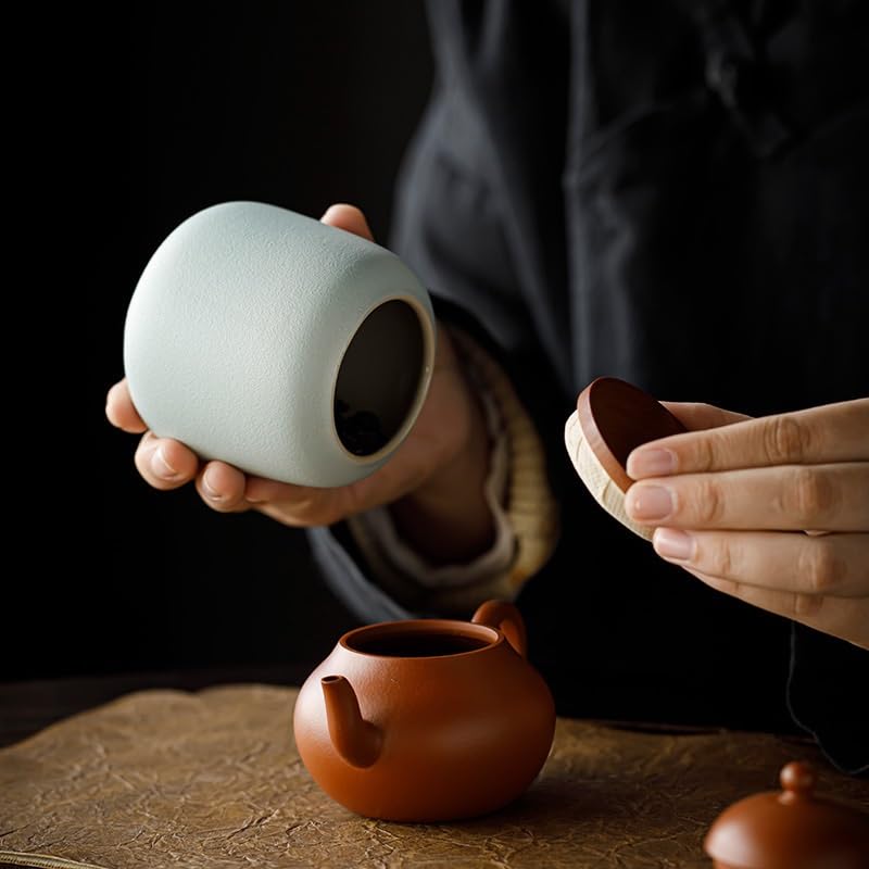 XYNSNDB Słoik na cukier Słoik na herbatę z drewnianą pokrywką, uszczelnienie ceramiczne, mały rozmiar, Pu'er, czarno-zielony, przenośny pojemnik na herbatę Longjing (C)