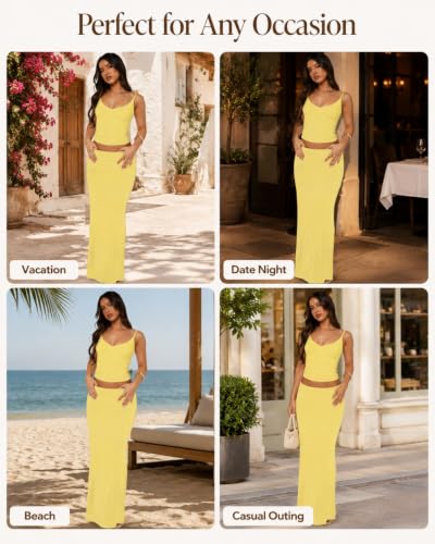 Image of Two Piece Skirt Set Women Maxi Long Skirt and Top Outfit | Soft stretchy 5 pc, slim bodycon, adjustable spaghetti straps, ruched crop tank, elastic waist, going out, beach vacation