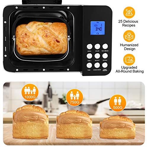 Nictemaw Brotbackautomat Edelstahl, Brotbackmaschine 1000W mit 25 Backprogramme, 3 Brotgrößen und 3 Backfarben, 15… – Bild 3