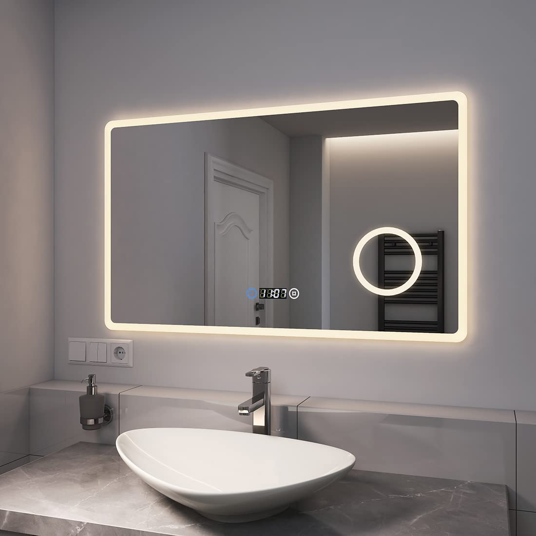 EMKE Espejo baño con luz 100x60cm，con Interruptor táctil y Lupa 3X y Reloj y 3 Colores de Luz 3000K/4000K/6500K,Espejos de baño con led