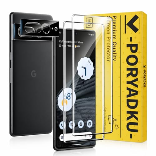 2+2 Pack for Google Pixel 7 Pro Screen Protector 6.7 inch 9H Tempered Glass [3D Curved Full Coverage] Support Fingerprint Unlock with 2 Pack Camera Lens Protector HD Clear Case Friendly