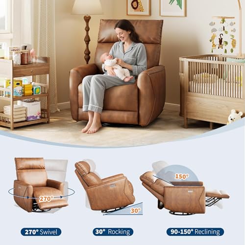 Image of Garvee Power Recliner Chair, PU Leather Swivel Rocker Recliner with USB Ports, Upholstered Nursery Glider Reclining Sofa Chair, Ergonomic Lounge for Living Room Bedroom and Nursery (Brown)