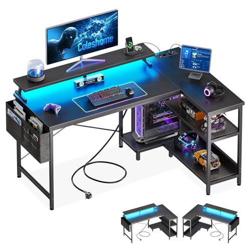 Coleshome Gaming Tisch L Form mit LED&Steckdosen, 120x80cm...