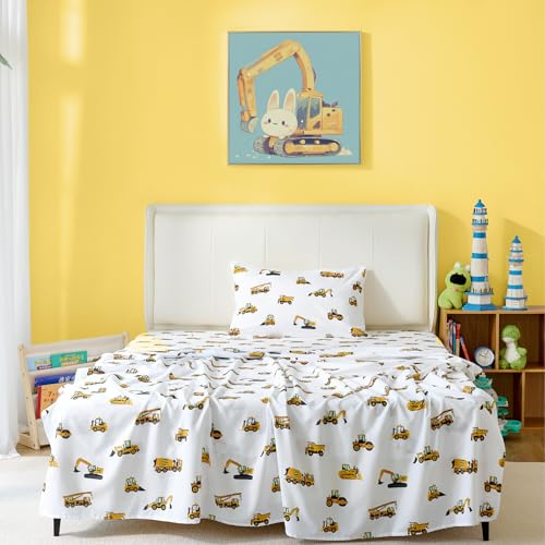 3-Piece Twin Size Bed Sheet Set by Coukouchyi, Soft & Breathable Kids Fitted & Flat Sheet for Boys with Deep Pocket, Construction Cars