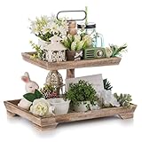 Hanobe Tiered Tray for Table Decor: 2 Tier Farmhouse Serving Stand Summer Decorative Tray for Coffee Bar Centerpiece Rectangle Wood Display Stands Kitchen Counter (Brown)