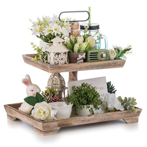 Hanobe Tiered Tray for Table Decor: Spring 2 Tier Decorative Tray Stand for Coffee Bar - Large Farmhouse Display Stands for Seasons - Wood for Kitchen Counter Decorations