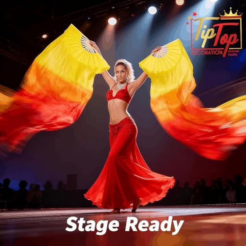 Image of Premium Dancing Long Veil Bamboo Folding Streamer Silk Hand Fan For Dance Shows (Fire Flames, Pack of 1 Piece)